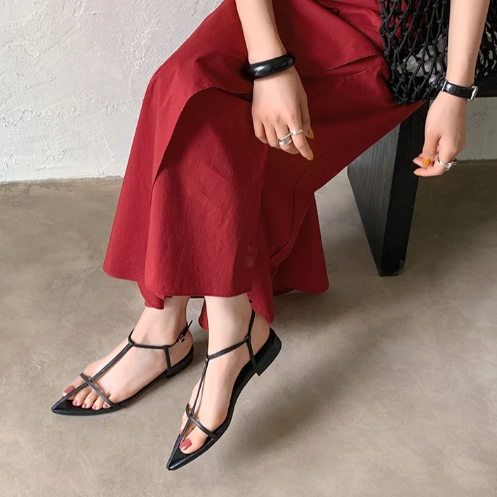 【雨嘉】1.7CM法式小众十字带凉鞋女夏季性感尖头平底真皮细带凉鞋