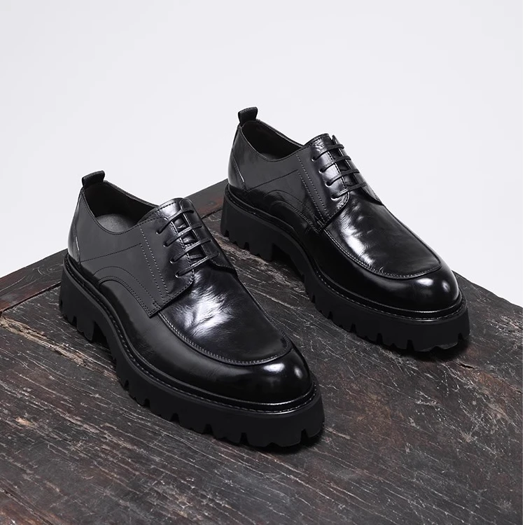 高档手抓纹皮鞋男英伦潮流休闲厚底正装商务德比鞋真皮增高男鞋