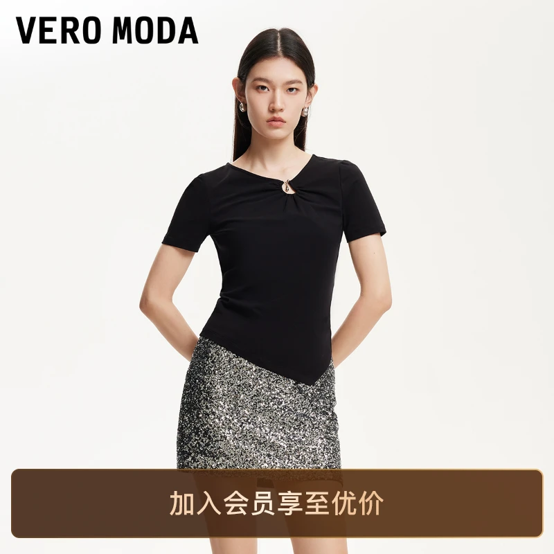 Vero ModaT恤女2025新款不规则下摆金属装饰洋气小众显瘦短袖贵气