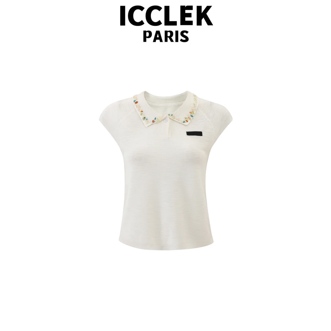 ICCLEK 白色翻领钉珠少女感甜美减龄短袖针织衫女百搭时尚 -5469