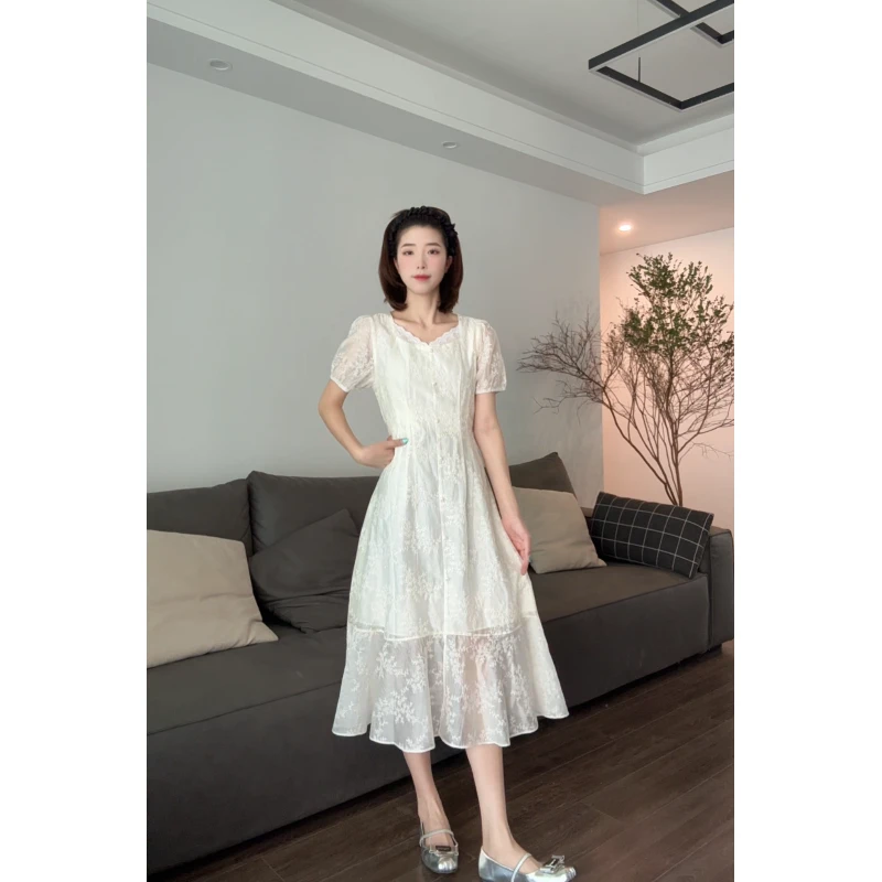 T210061-法式气质高端刺绣收腰显瘦裙子拼接蕾丝长裙