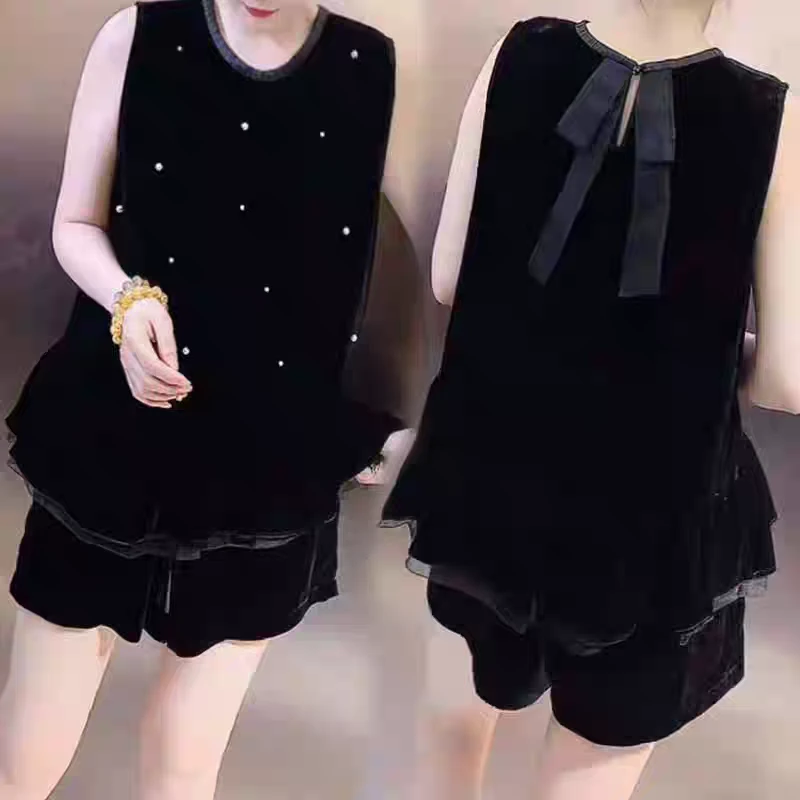 中国风时尚丝绒套装女夏薄款气质高级感珍珠无袖丝绒上衣短裤套装