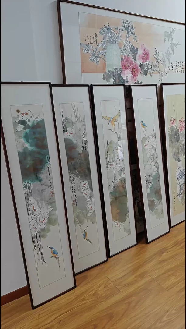 【闪购商品】国画阿里丁《荷花条屏》带框162*37