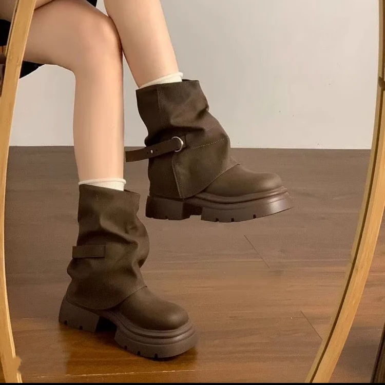 淳炫厚底短靴女2025新款夏裤管靴子堆堆靴瘦瘦靴美拉德中筒马丁靴