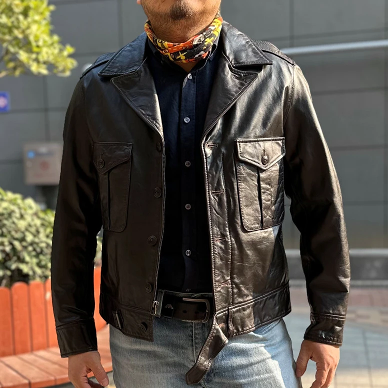 美式复古军款P37机车皮夹克轻水洗做旧头层牛皮修身短款真皮皮衣