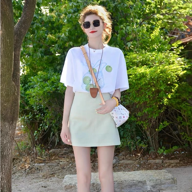 韩系青苹果印花正肩短袖T恤女夏新款多巴胺穿搭高腰A字半身裙套装