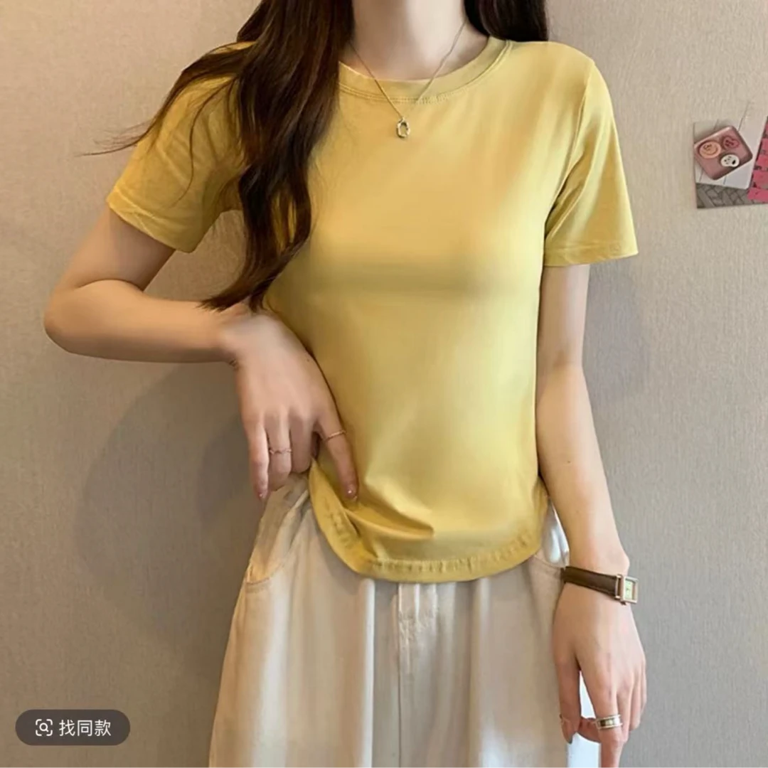 正品紫皇冠圆领纯色T恤正肩上衣时尚修身不规则设计感韩版半袖031