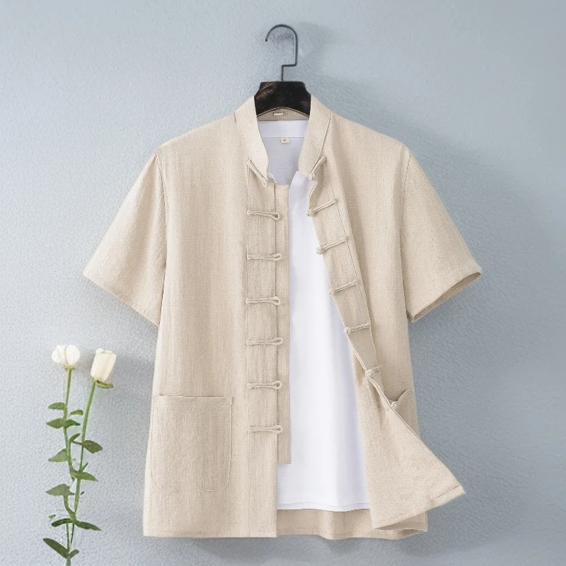 夏装清凉透气褶皱夏季口袋中式薄款标准款唐装青年休闲短袖中国风