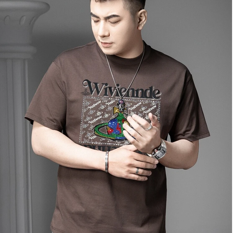 怀勤桑顿夏季新款潮牌字母印花烫钻短袖t恤男士宽松休闲半袖