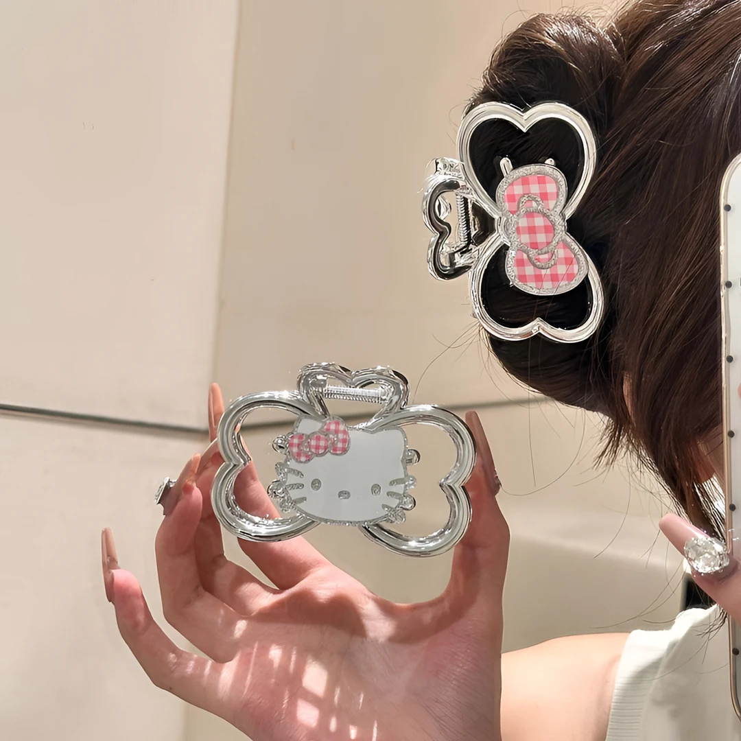 闪闪KT！少女感猫咪双面抓夹高级感银色蝴蝶结鲨鱼夹后脑勺盘发夹