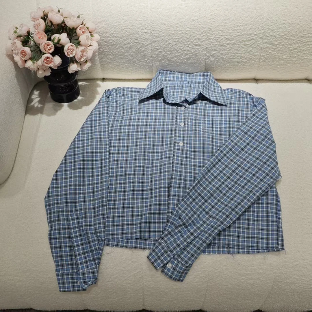 5559蓝格子长袖衬衫短款翻领刺绣百搭减龄上衣