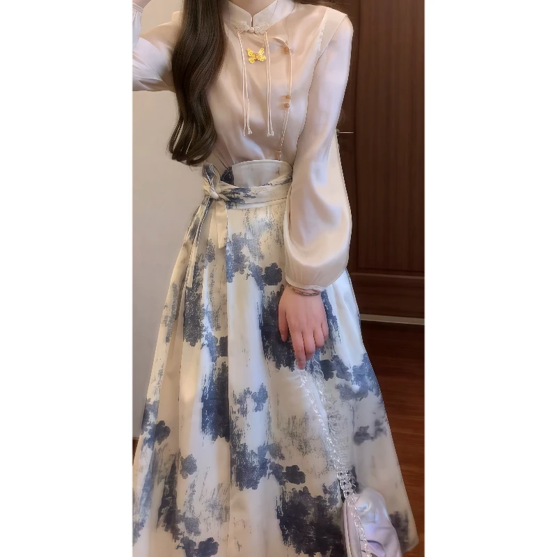 2025秋季新中式立领盘扣长袖衬衫&印花马面裙国风汉元素套装9687