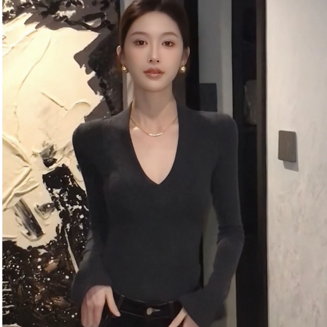 秋冬时尚新款气质高级感百搭通勤简约V领修身长袖上衣显瘦裤子女