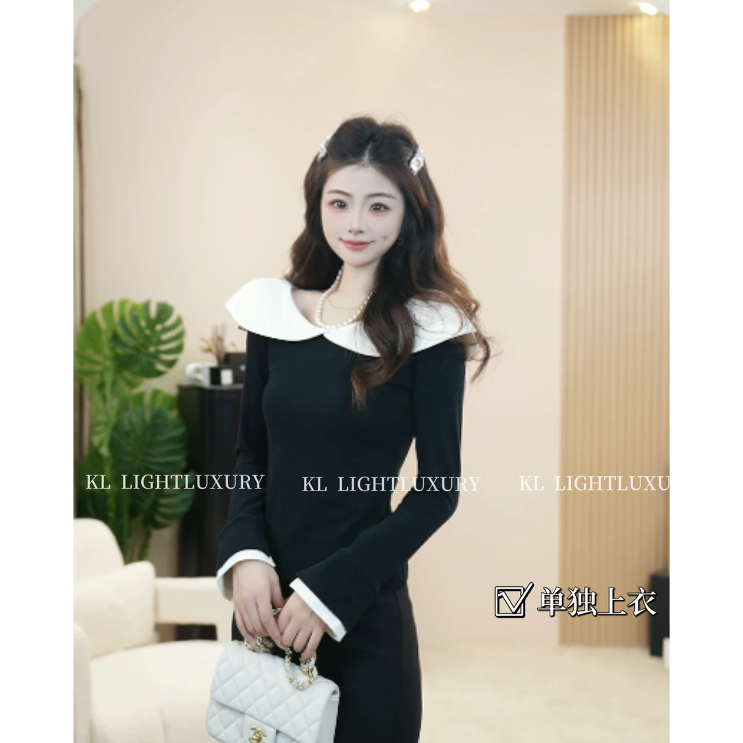 法式高级感撞色翻领弹力上衣 S0308