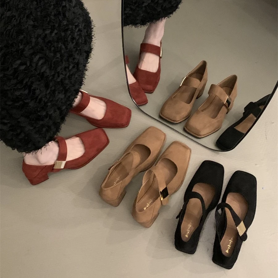 法式方头粗跟玛丽珍鞋配裙子气质绒面一字带高跟百搭单鞋592-20