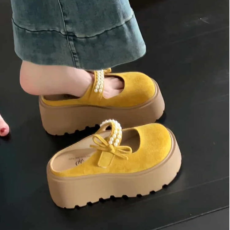 啄木鸟可爱珍珠厚底增高玛丽珍拖鞋女2025夏季新款防滑松糕包头拖