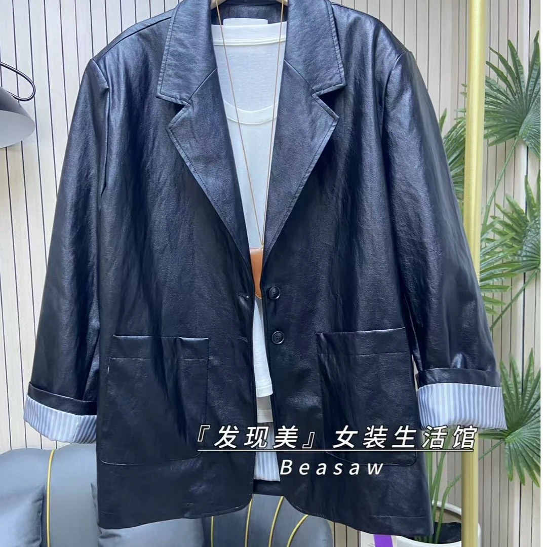 发现美Beasaw高级感pu网红长款黑色外套炸街时尚单排扣休闲长袖