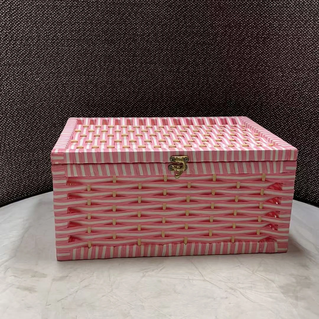 3714微瑕款 长35宽25高16.5cm 牛筋绳编织带盖收纳筐桌面收纳盒子