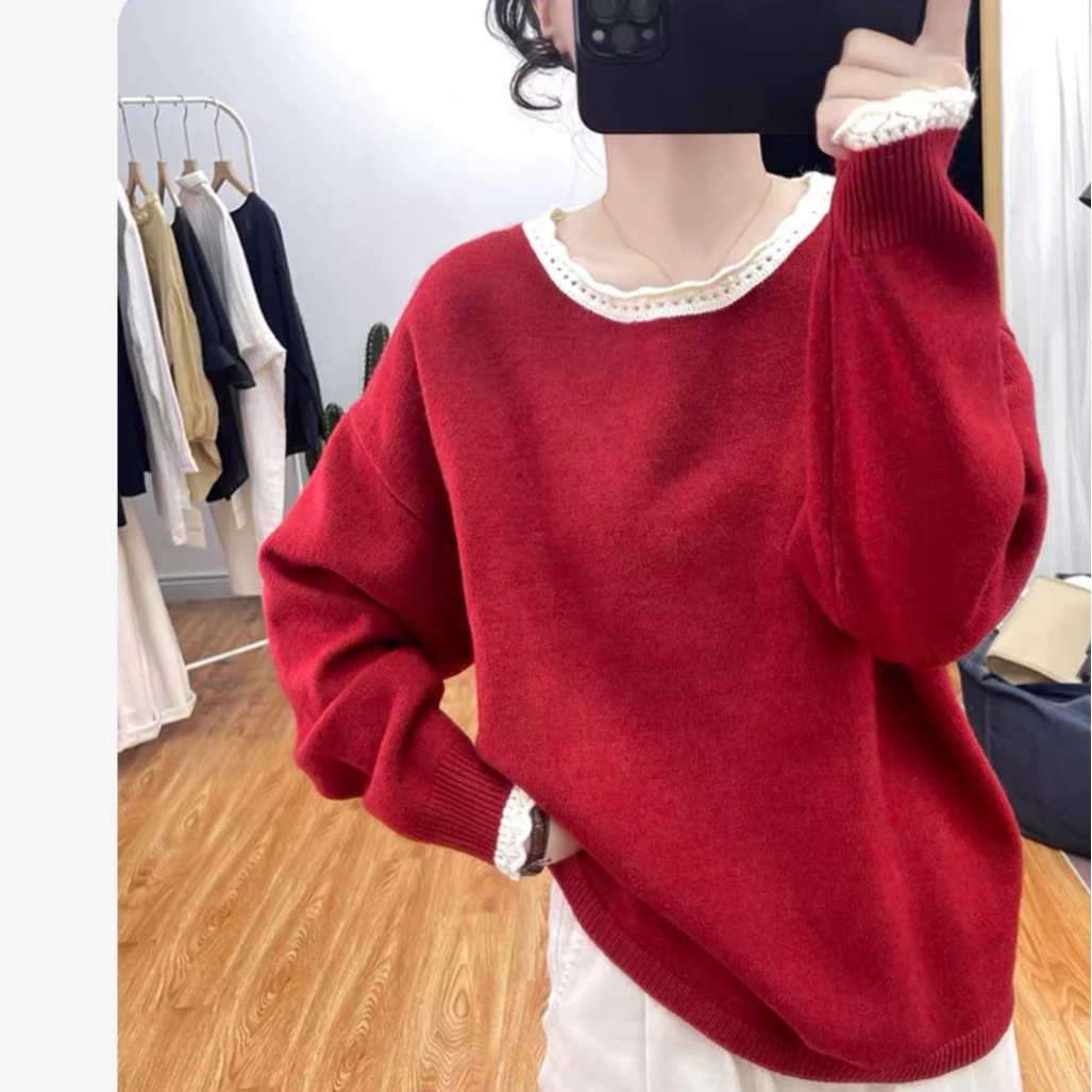 秋冬花边领加厚拼色针织衫女减龄宽松上衣2025新款圆领打底衫毛衣