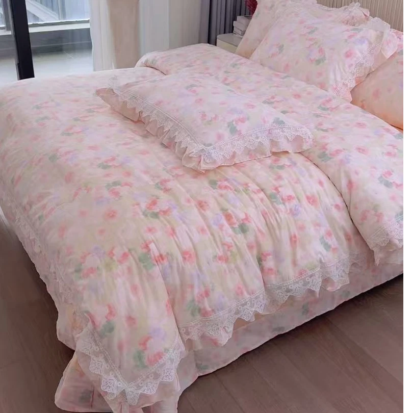 百分百纯棉全棉法式花边四件套床单被套裙边三件套双人床上用品