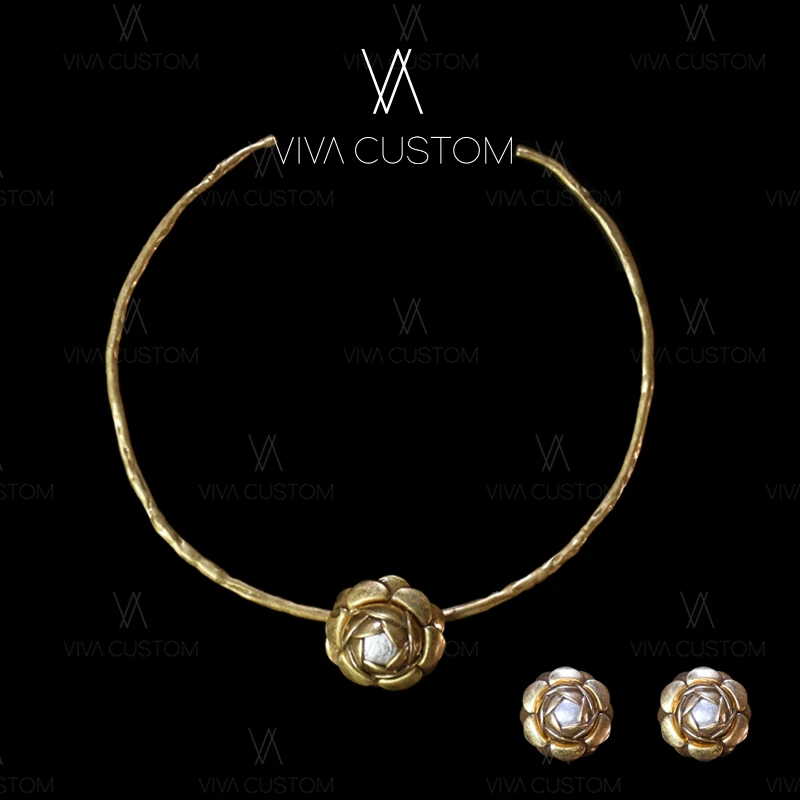 铜合金仿珍珠耳饰 （精工系列）复古做旧立体山茶花套装