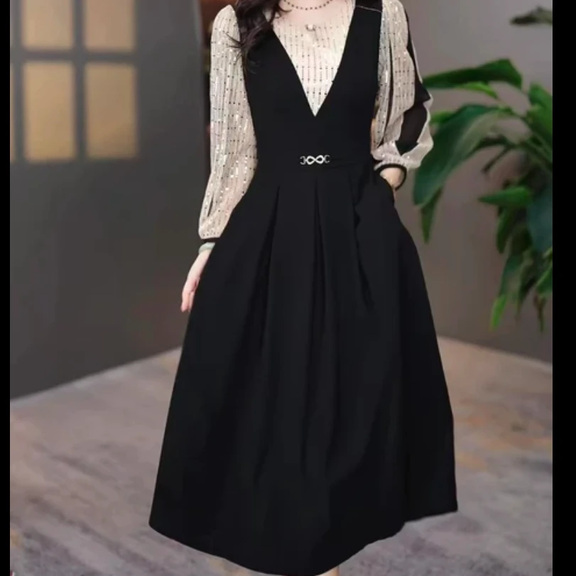 新A128 中年连衣裙显瘦气质长袖时尚法式收腰假两件拼接显瘦气质