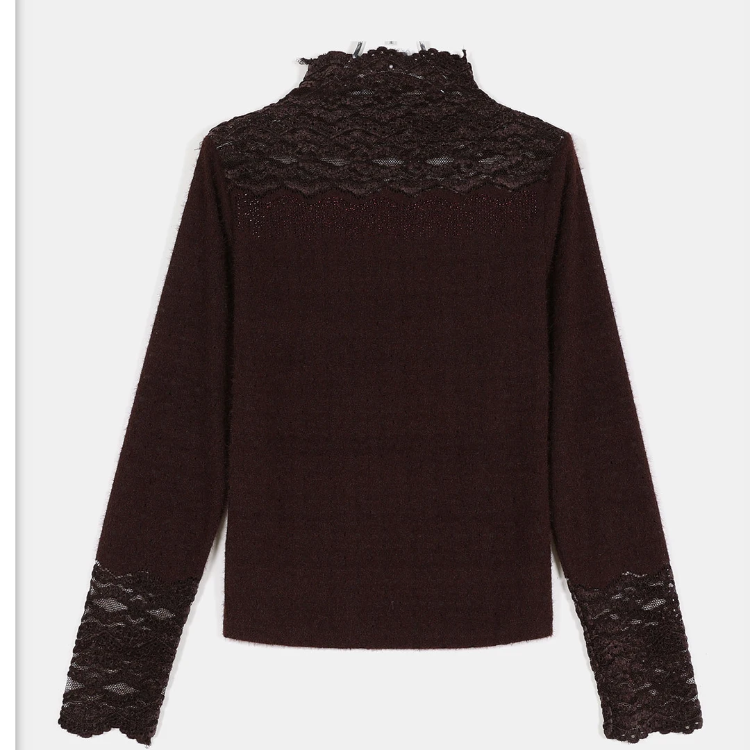 '玫瑰绒‘’蕾丝高领烫钻打底上衣