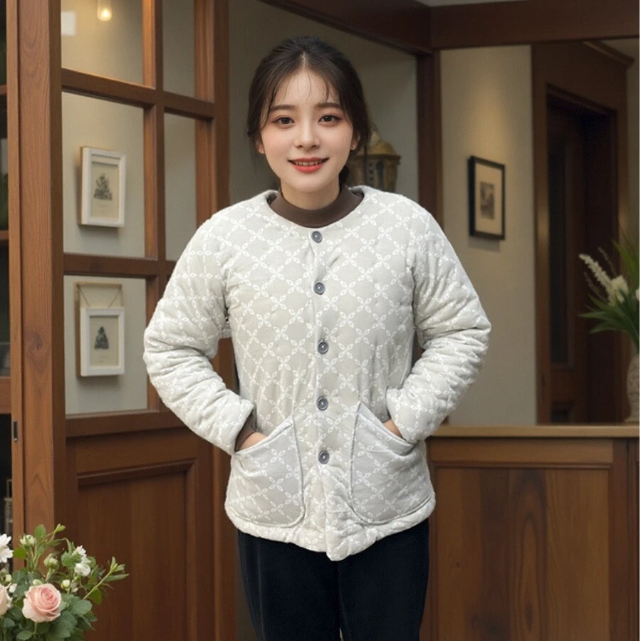 纯棉花手工棉袄女士内穿居家洋气保暖服春秋冬长袖山东老式花棉袄