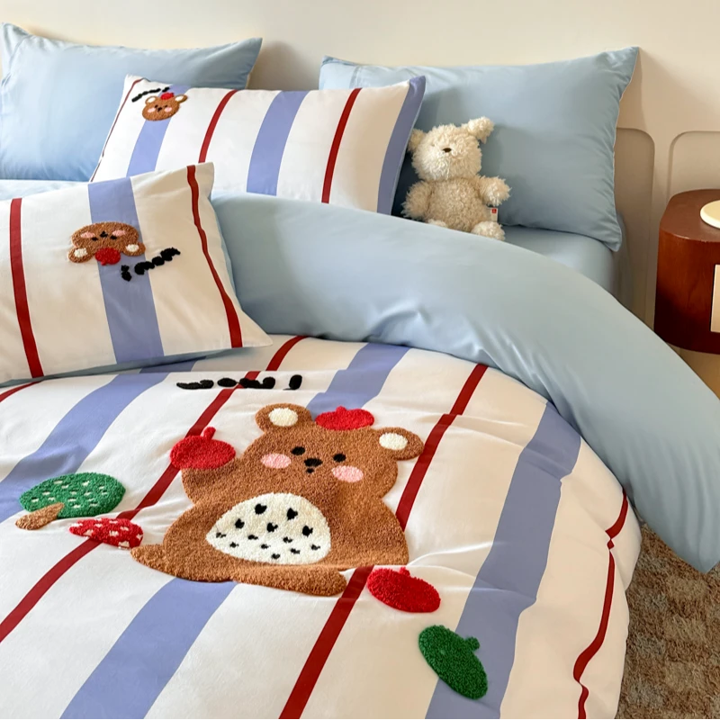 卡通风森林熊毛巾绣家用床上四件套纯棉100%全棉被套床单四季通用