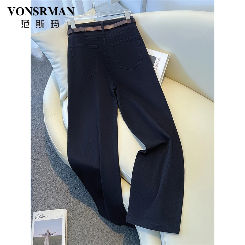 藏青色高腰牛仔裤阔腿宽松女春季2025新款爆款小个子窄版直筒裤子