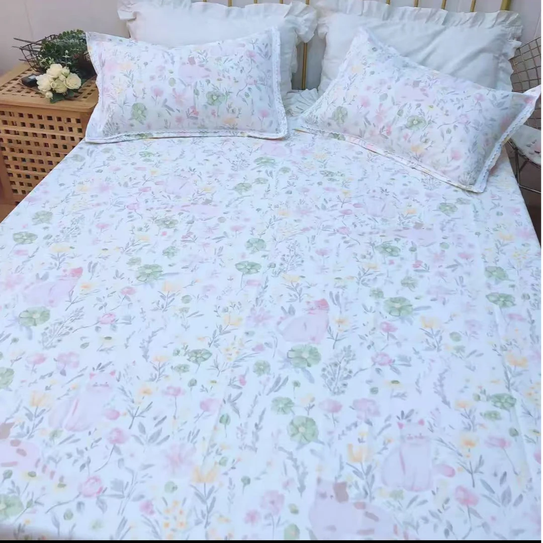 布头福利尾货老粗布亲肤花边三件套：绿格小花