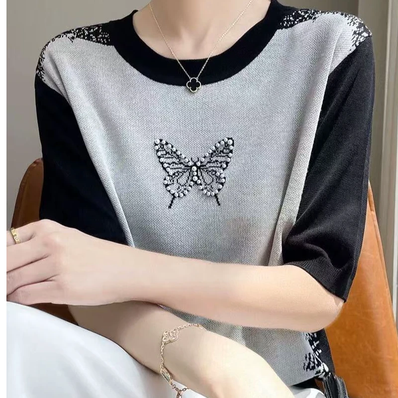 立体蝴蝶印花针织短袖女圆领撞色针织轻薄透气半袖上衣