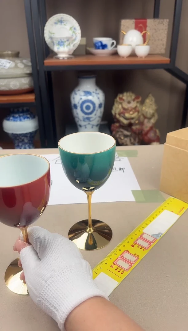 瓷片14.5*7cm九谷高脚杯两只