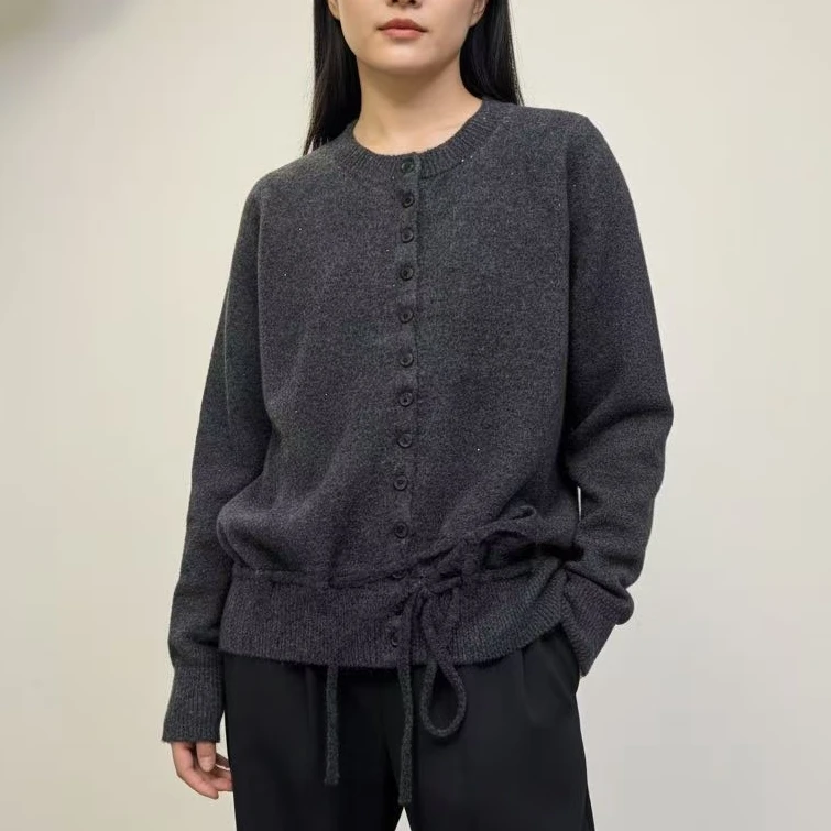 羊毛针织衫闪亮片圆领开衫抽绳毛衣大码宽松秋冬保暖上衣9506-1