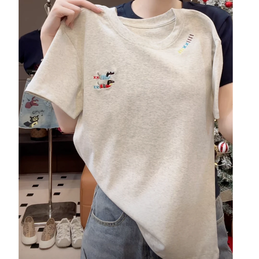 设计感双狗狗刺绣重工短袖T恤女2025春夏款修身体恤简约百搭上衣