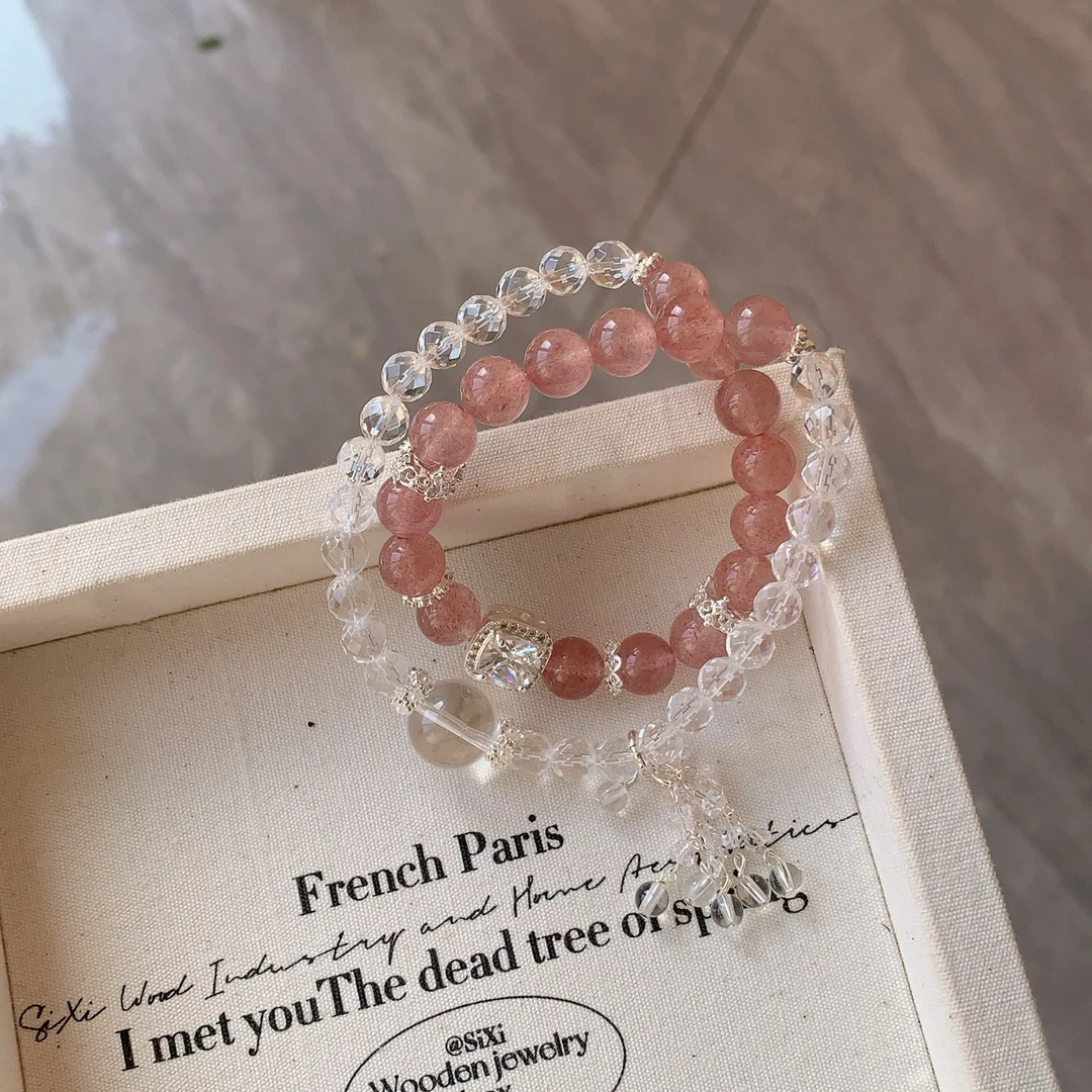铜合金仿水晶手链 法式时尚方糖甜美双层弹力冰透粉白水水手串