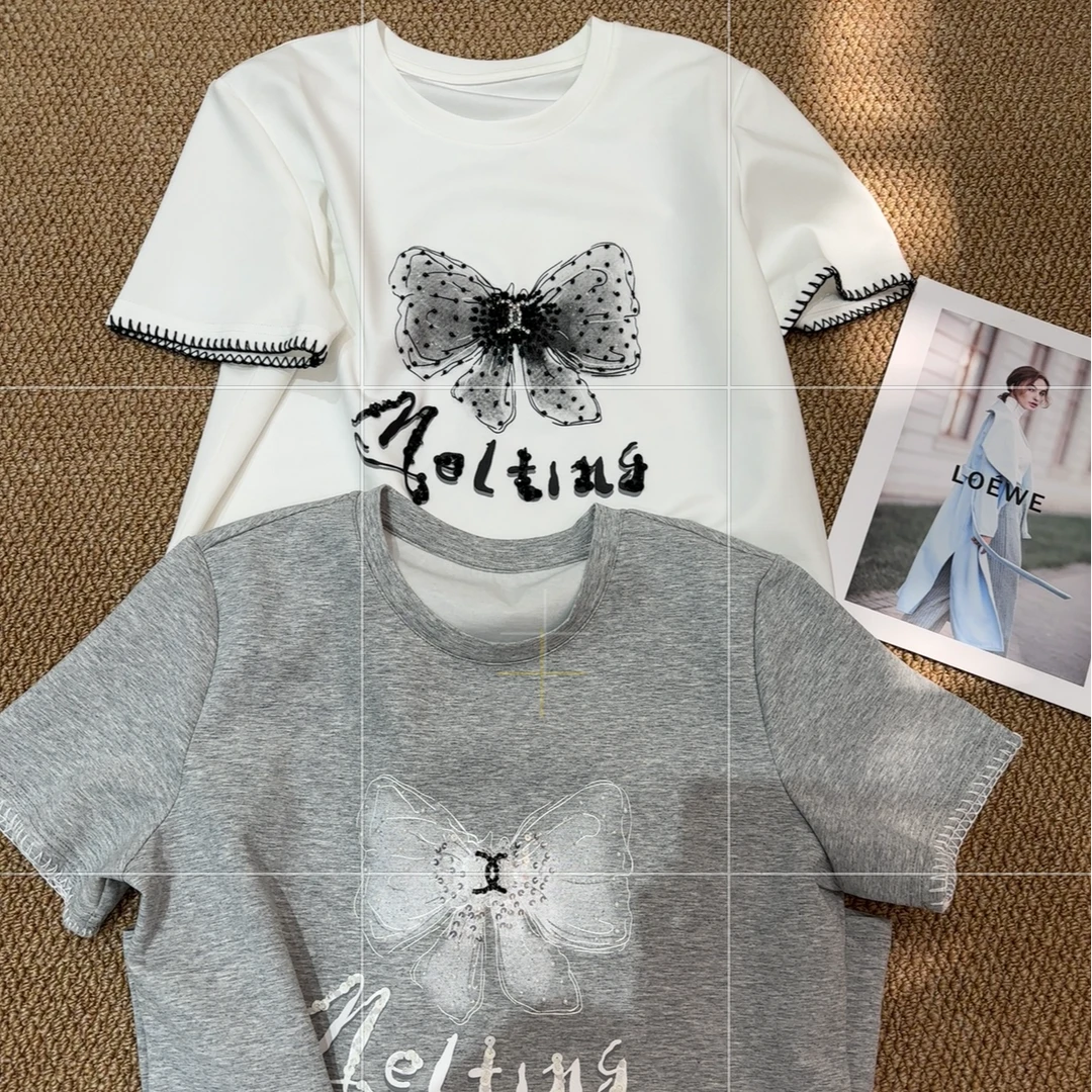 【立体串珠钉钻蝴蝶结重工艺短袖】夏季爆款T恤百搭重工短袖时尚