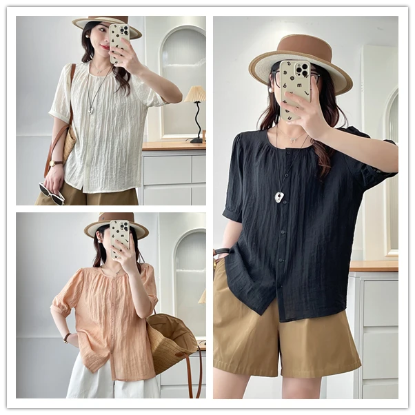 大码女装夏季新款2025气质显瘦短袖衬衫女轻薄透气法式小衫T恤