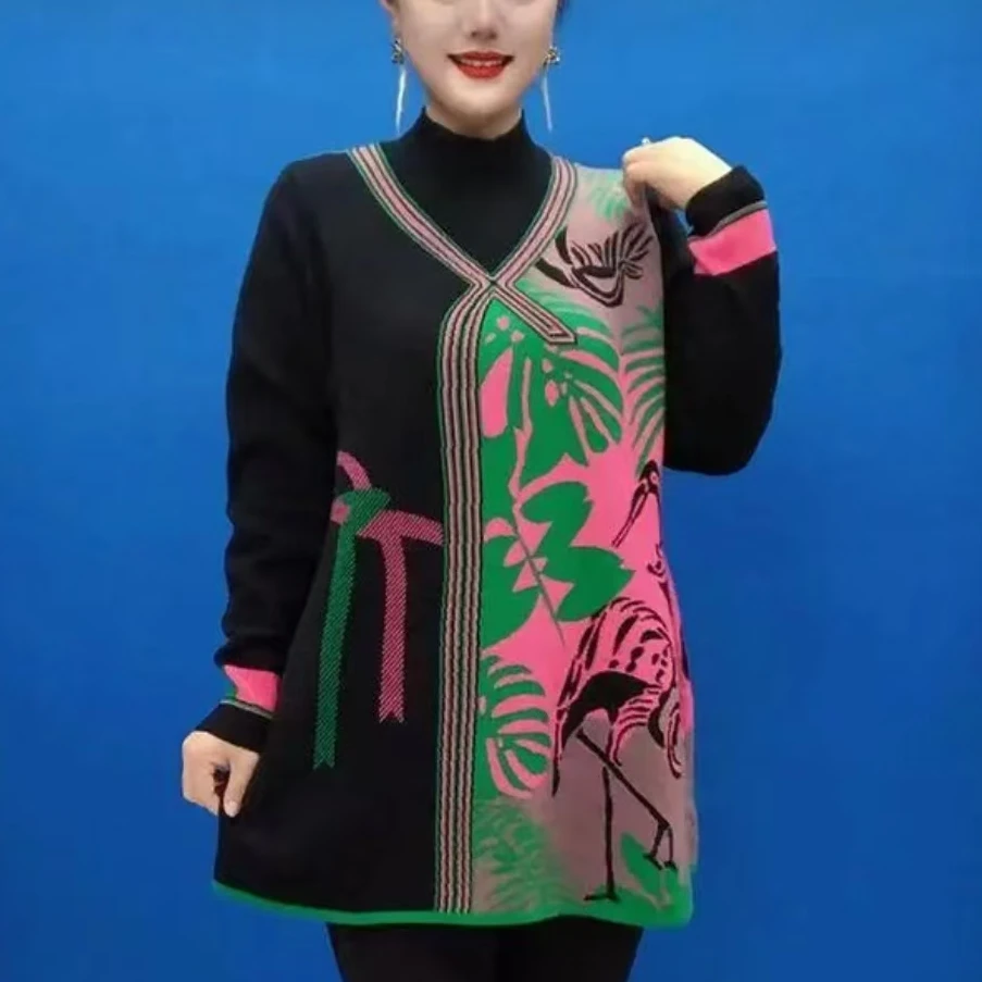 2025秋季新款时尚中年妈妈中长款针织衫气质减龄宽松大码休闲毛衣