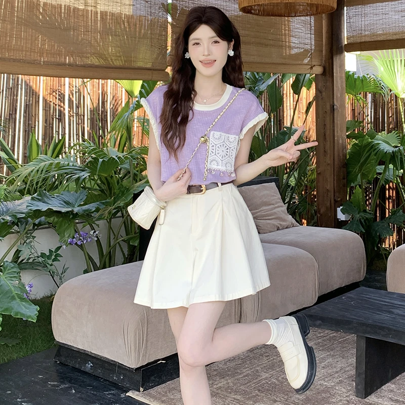 慕兔日杂感小清新撞色设计感针织衫女2025夏季新款坎肩紫色短上衣