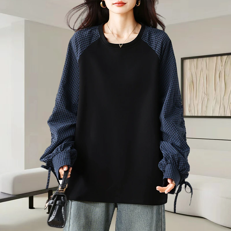中长款假两件卫衣女秋季2025新款慵懒风宽松百搭拼接格子衬衫上衣