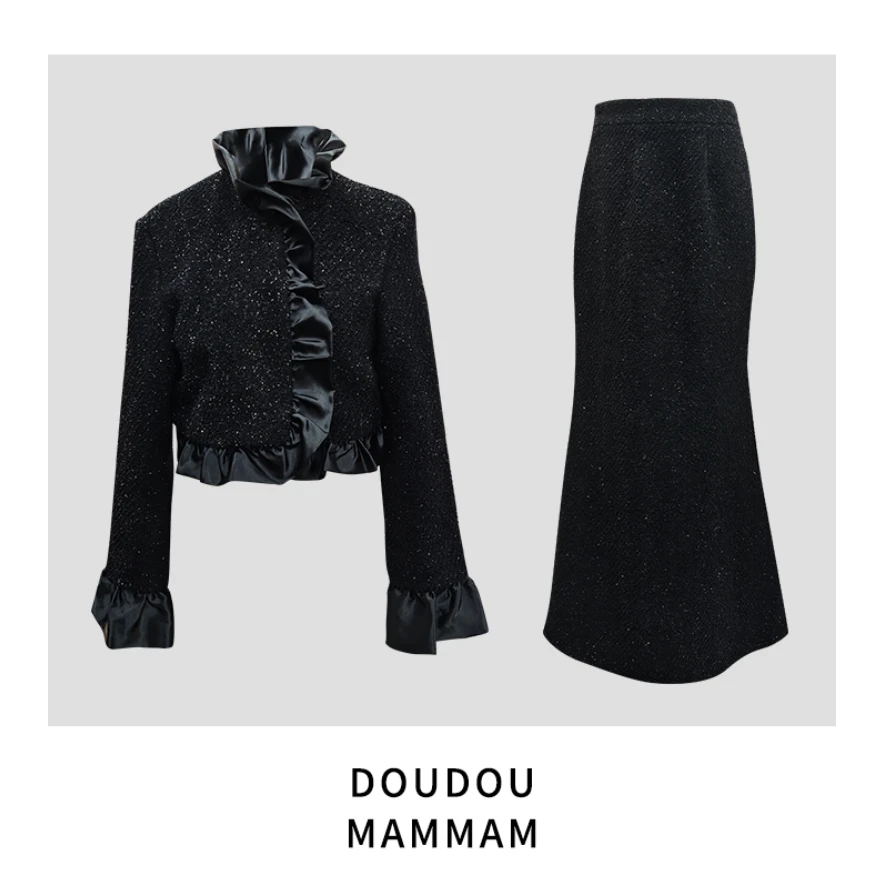 DOUDOUMANMAN-早春甜美重工小香风钻饰外套开衫鱼尾半身群套装