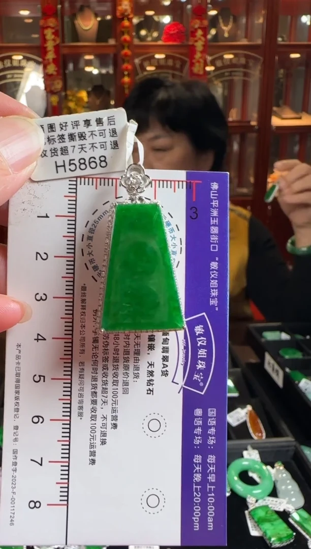 颈饰18K金镶嵌翡翠H5868辣绿无事牌