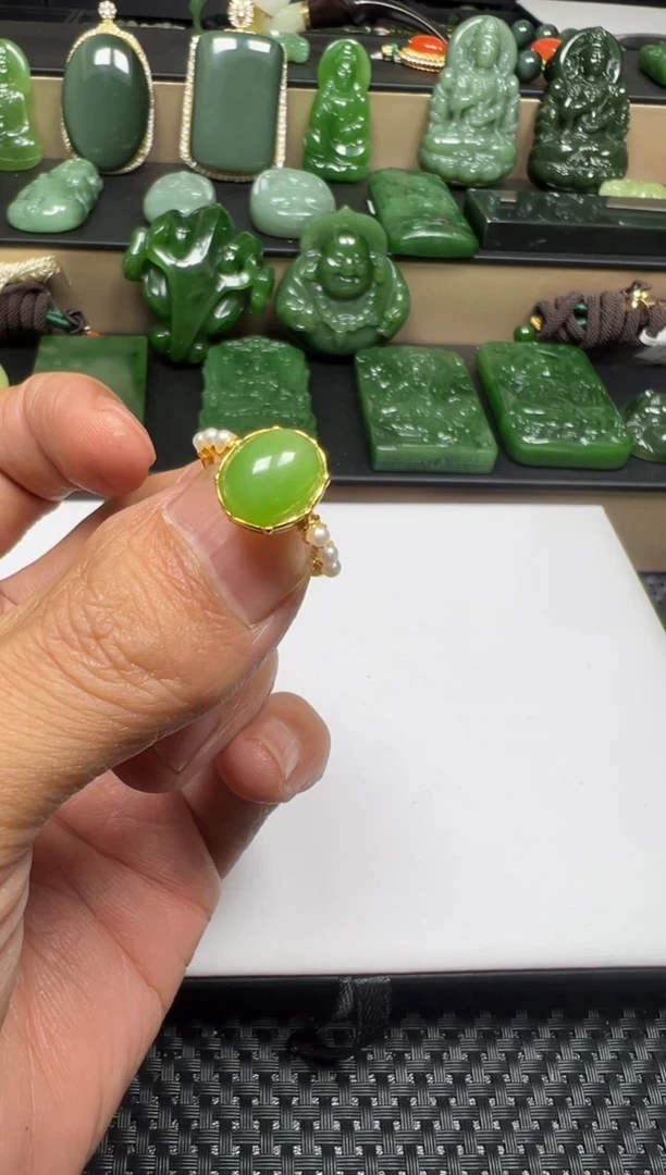 颈饰银S925镶嵌和田玉（碧玉）【老马】和田玉果绿色碧玉s925银戒指