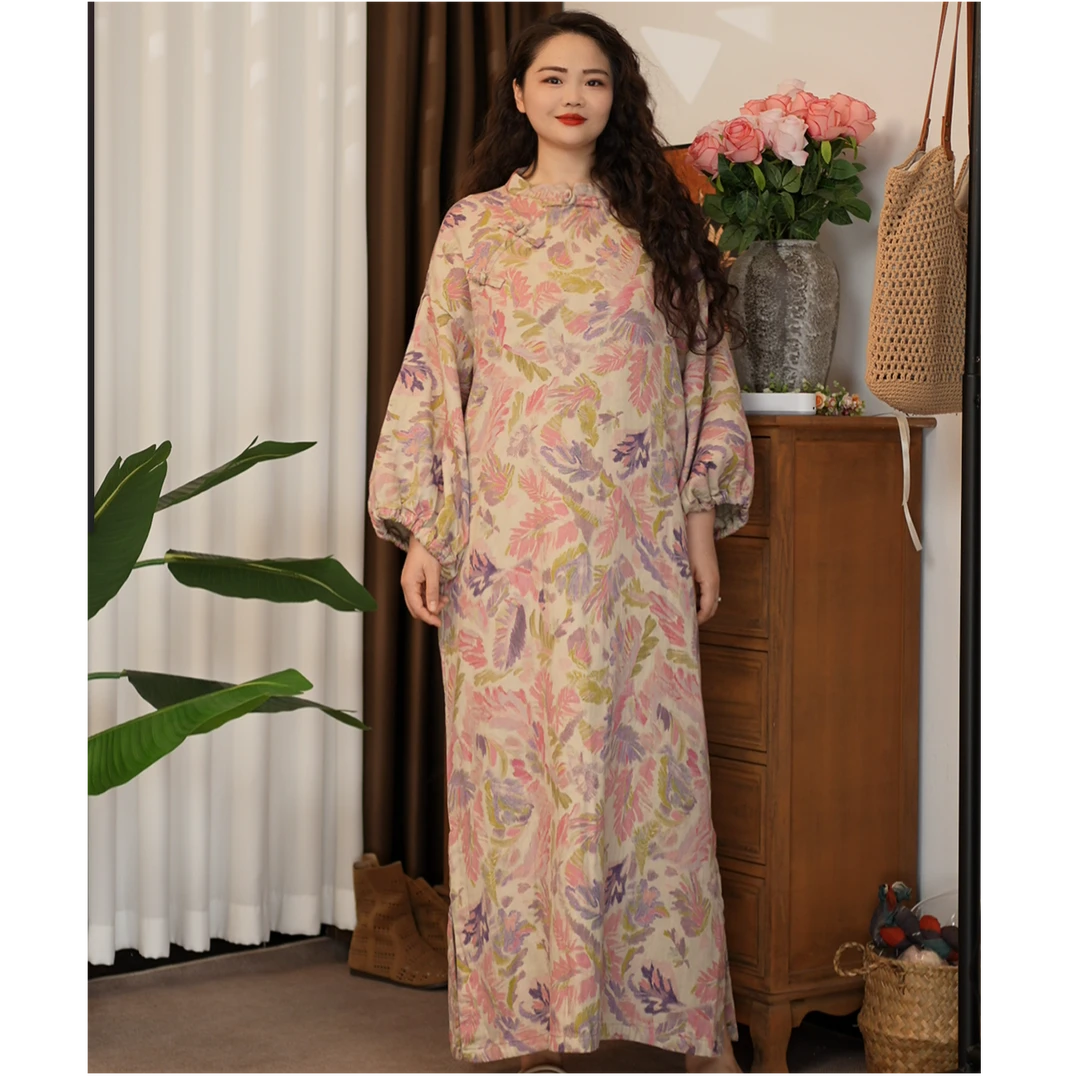 [麻衣舍]新款棉麻新中式斜襟盘扣印花灯笼袖长袍..复古