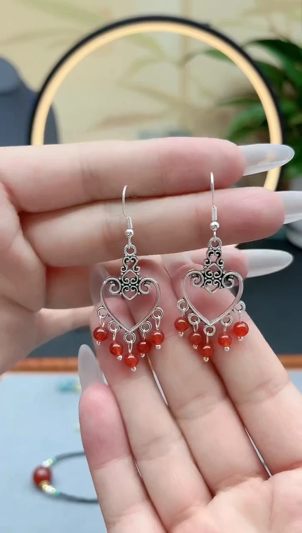 玛瑙/玉髓耳饰银S925镶嵌00新款心形