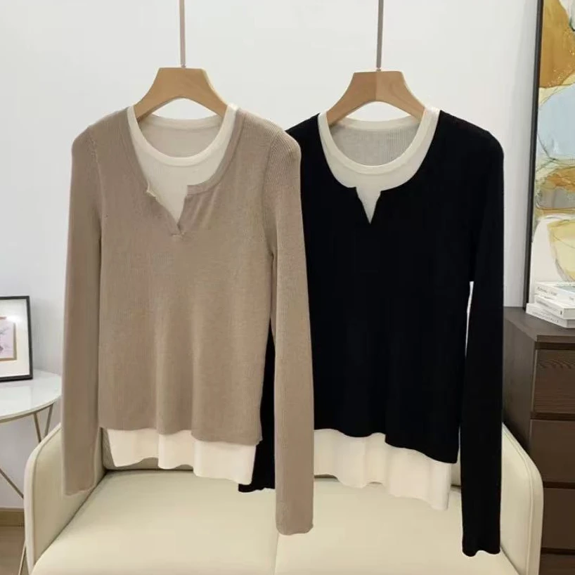 库存女士假两件长袖打底衫舒适百搭P16