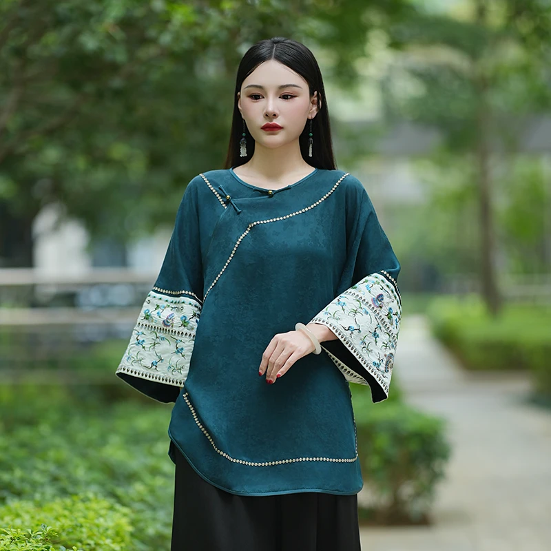 -【小重山】复古新中式花萝香云纱国风桑蚕丝圆领宽松女士上衣