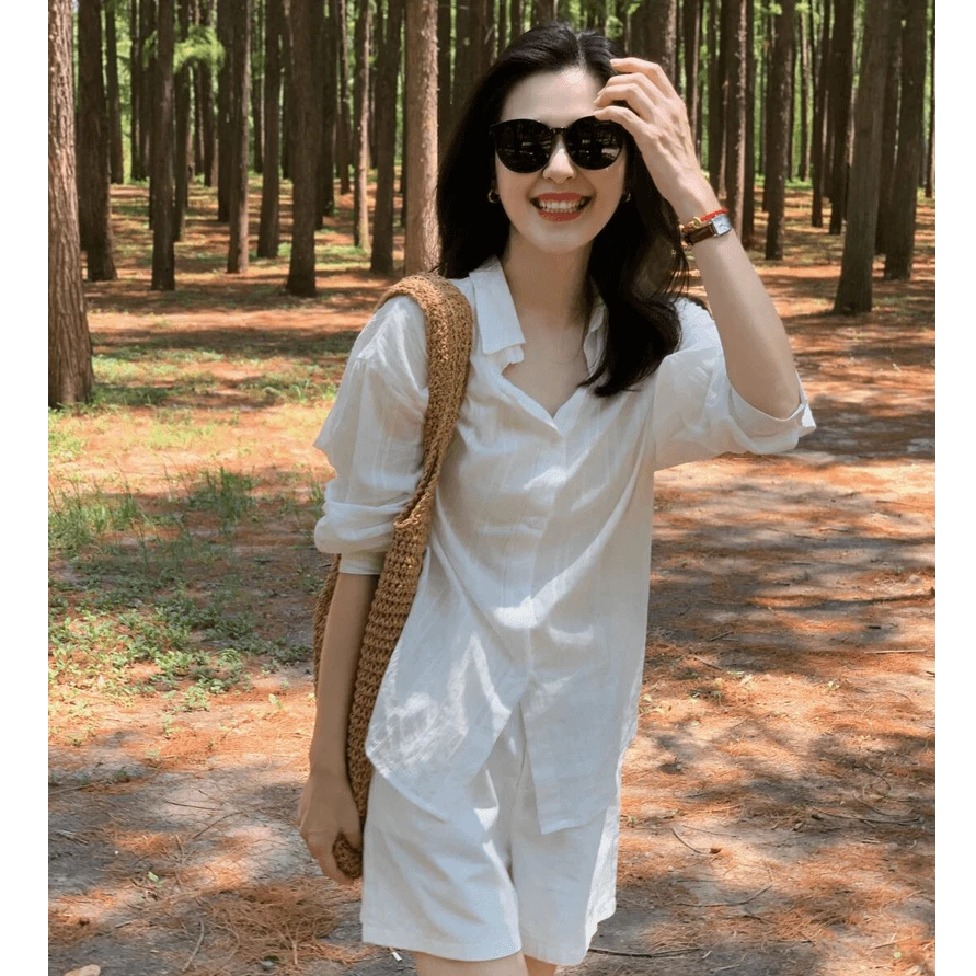 夏季新款高级感清冷防晒透气衬衫上衣薄款搭配高腰白色短裤套装