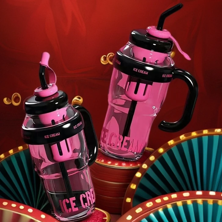 2025夏日甜酷多巴胺色系户外水杯热卖巨无霸肚肚杯吸管杯子带把手